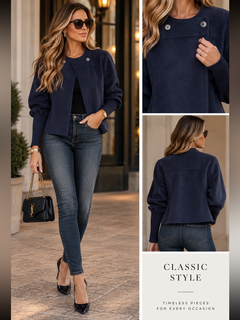 COMMENSE navy asymmetrical collarless button jacket, Classic Navy Women's Button